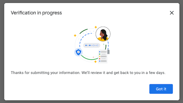 Google Payment Verifications Dialog